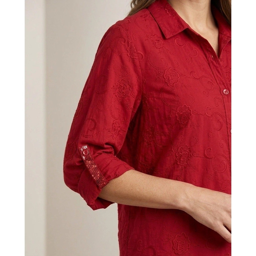 Red Cotton Embroidered Blouse Plus 3X Sequin Roll Tab Art To Wear Floral
